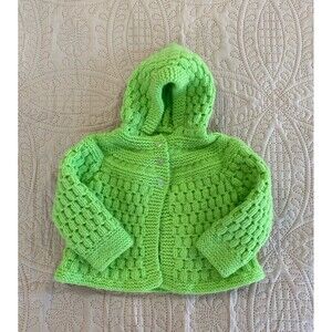 Vintage Toddler Handmade Knit Baby Sweater w/ Hood 12x12 Green Heirloom